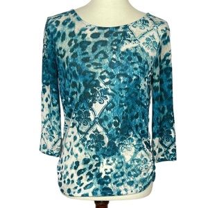 Chico's Teal and White Patterned Crew Neck Sweater